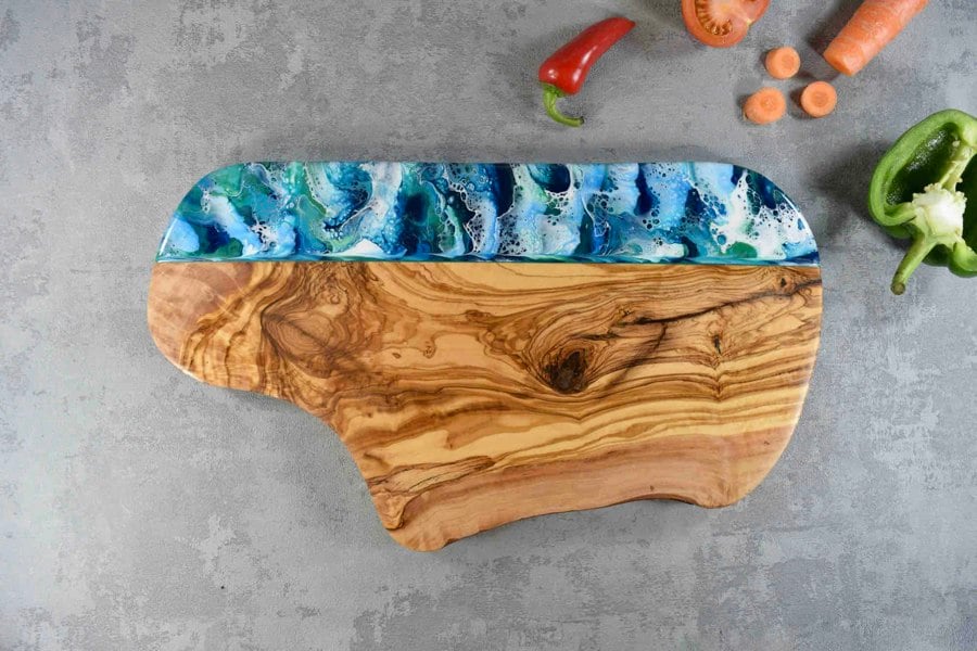 Large Rustic Olive Wood Board with Ocean Blue Resin Art 40cm 