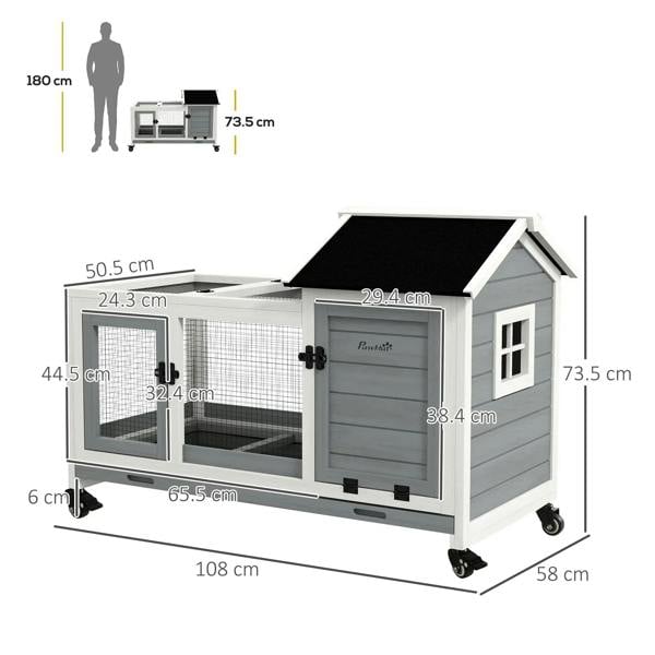 Grey wooden rabbit hutch with dual compartments, wire mesh panels, and removable tray on wheels