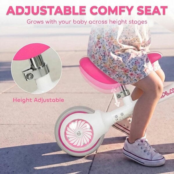 Balance Bike for Kids 1-2 Years, Toddler Bike with Adjustable Seat and Lighting Rear Wheels for Boys and Girls, Pink