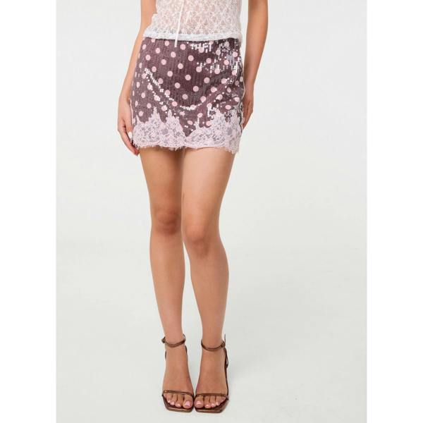 Pink Vanilla Polka Dot Lace Sequin Mini Skirt