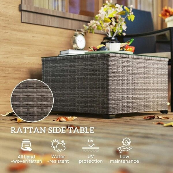 62 x 62cm Glass-Top Rattan Side Table - Dark Grey