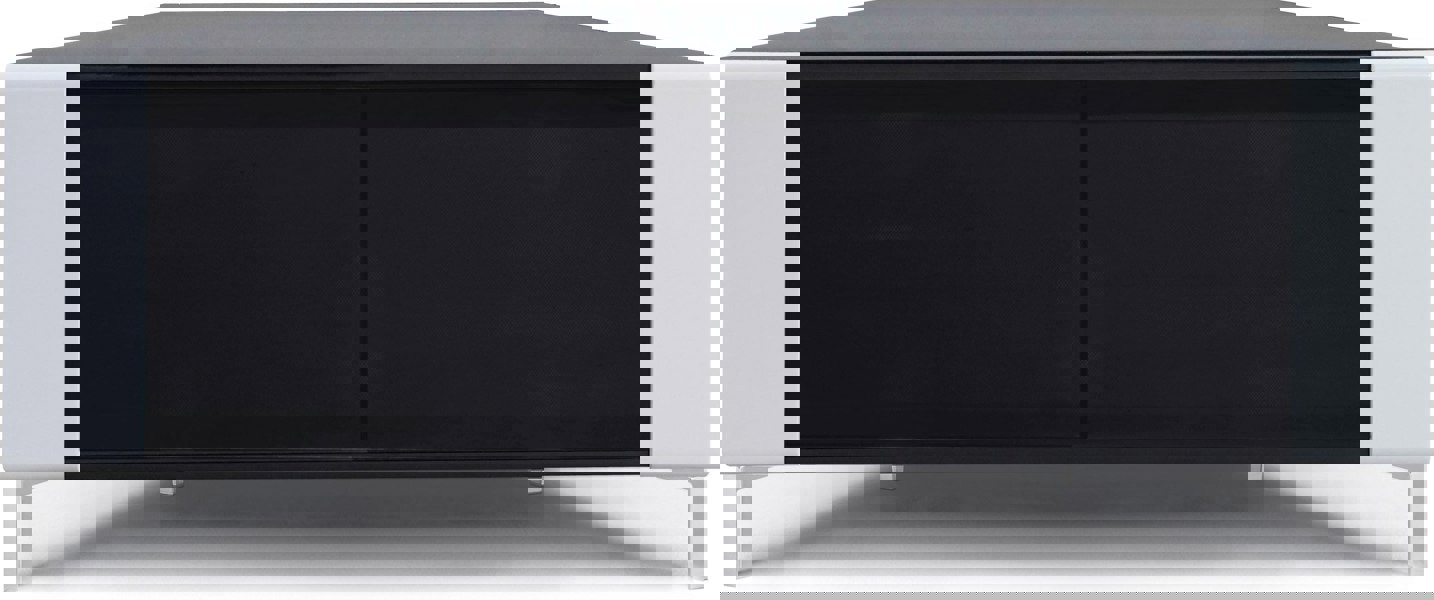 MDA Designs CORVUS Corner-Friendly Gloss Black Contemporary Cabinet with White Profiles Black BeamThru Glass Doors for Flat Screen TVs up to 50"
