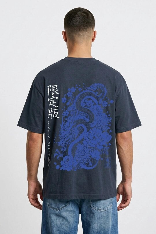 London Attitude Oversized Japanese Dragon Graphic T-Shirt - Blue Dusk