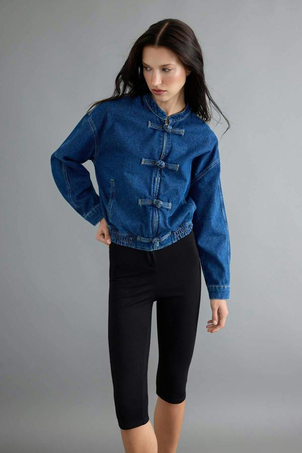 Button Detail Elasticated Waist Denim Jacket