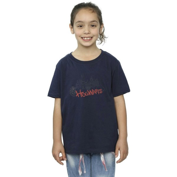 Harry Potter Girls Hogwarts Castle Spray Cotton T-Shirt - Navy Blue