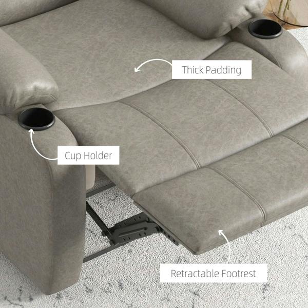 Light gray recliner seat with retractable footrest and built-in cup holder