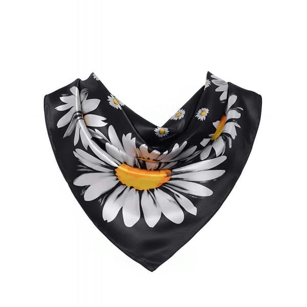 Anyyou Fashion Premium Satin Square Scarf – Daisy Black Silk-Feel Neckwrap for Women