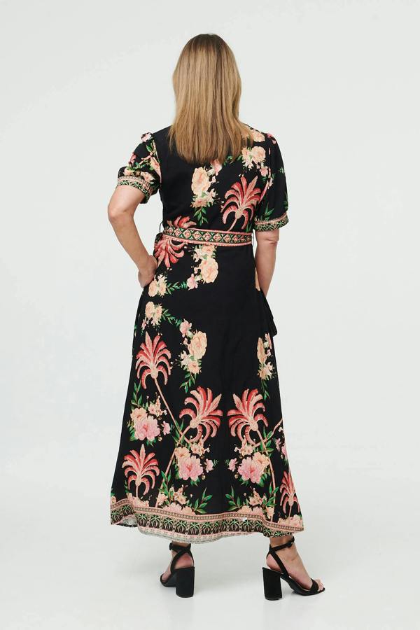 Black | Floral 1/2 Sleeve Tie Waist Maxi Dress