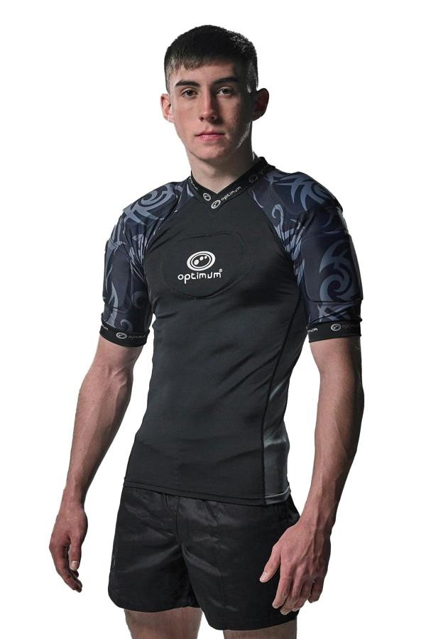 Black and grey Optimum Razor protective shoulder-pad top, front view on model, white background - Optimum