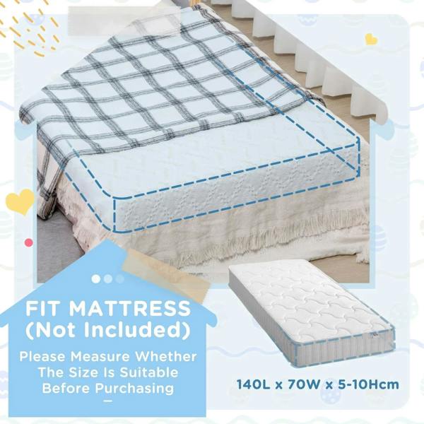 Grey bed frame with star pattern; mattress fit guide 140x70x5-10cm (not included)