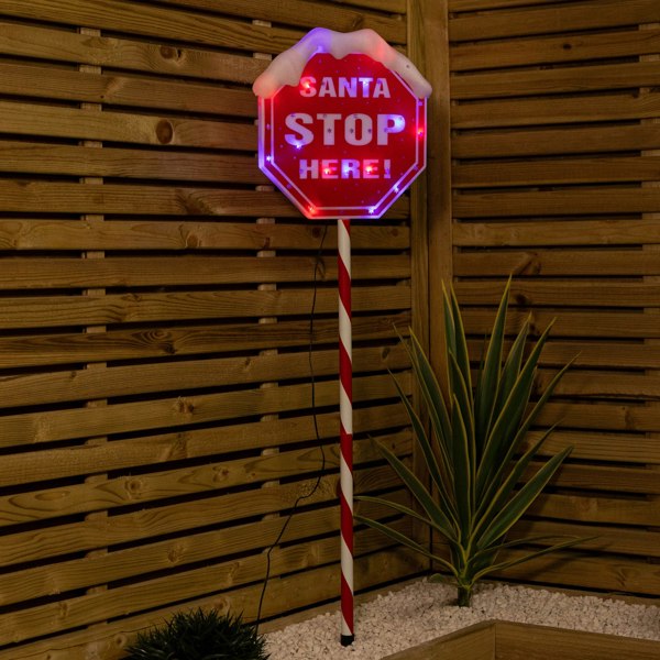 Samuel Alexander 1m Light up Red Santa Stop Here Sign with 30 Multi-Coloured LEDs