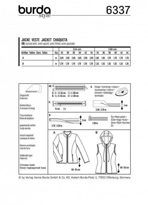 Burda Sewing Pattern 6337 Jackets For Women, 8 to 18 - Intermediate