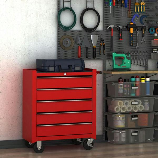 Dyzi 5 Drawer Steel Tool Trolley Lockable Tool Chest with Wheels Red