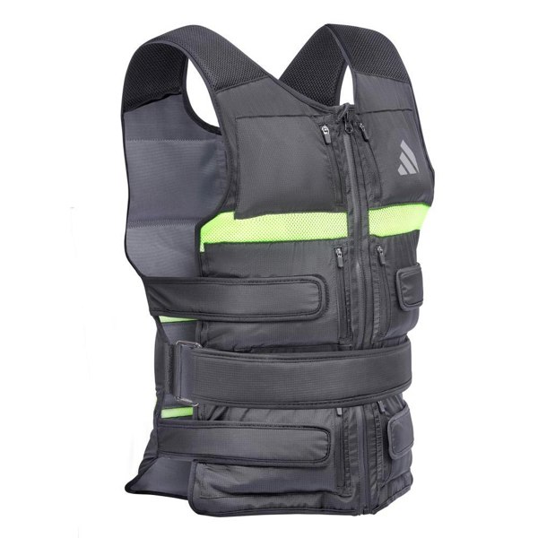 Black adidas weight vest with green accents on a white background