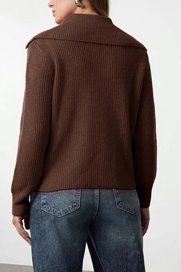 WOVCOR Oversize Polo Collar Knit Sweater with  Zipper Detail