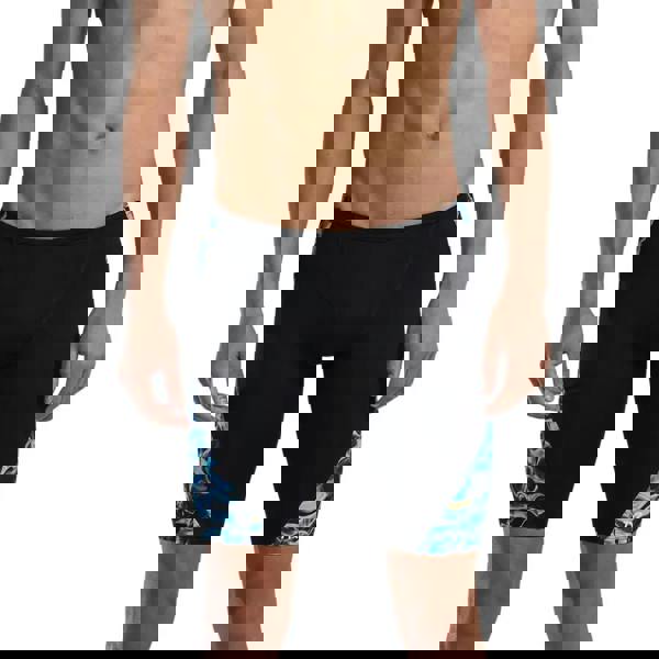 TYR Energia Durafast Elite blade splice swim jammer in black/blue with shark print