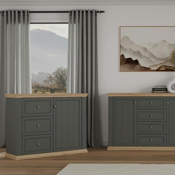 Furniture To Go Pontypool 3 Drawer & 1 Door Sideboard in Grey and Mauvella Oak