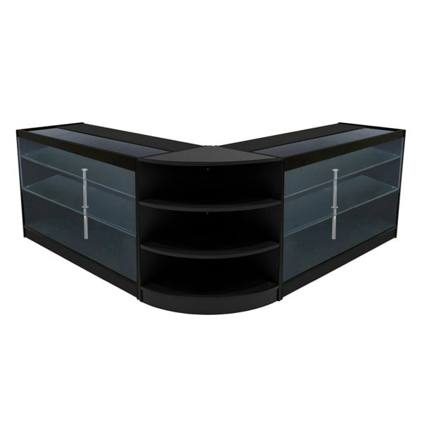 Black Apollo LED shop counter set featuring a sleek, modern design with glass shelves and curved edges, ideal for retail displays