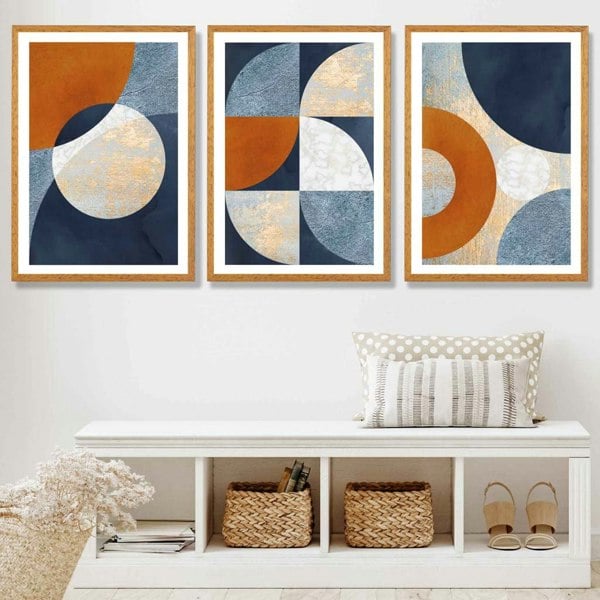 Artze Wall Art Abstract GEOMETRIC Set of 3 Navy Blue Orange and Gold Framed Art Prints