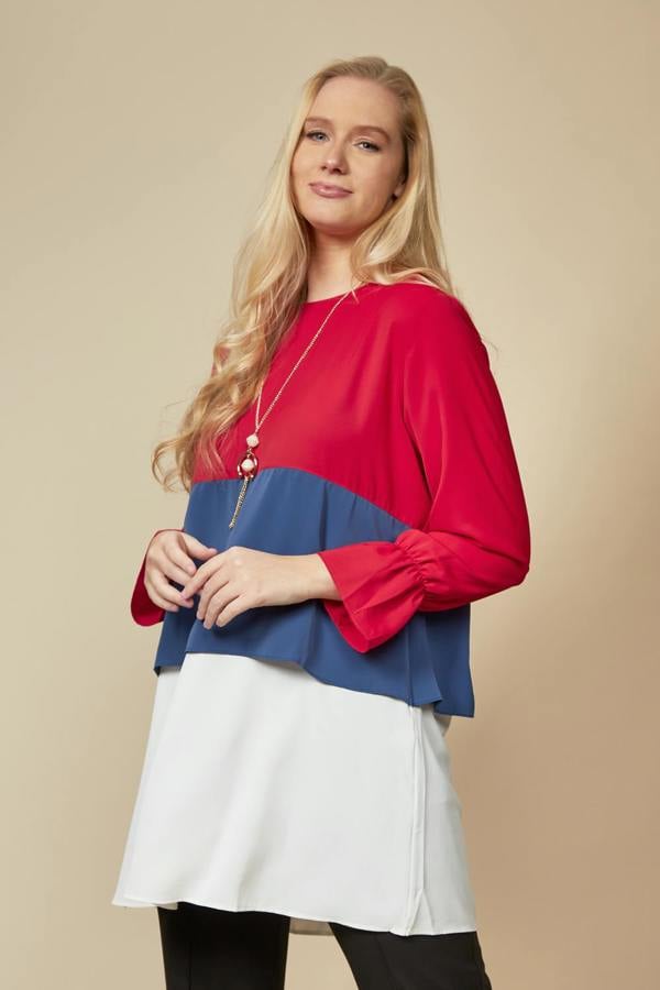 Hoxton Gal Oversized Colour Block Top in Red, Blue and White with Necklace