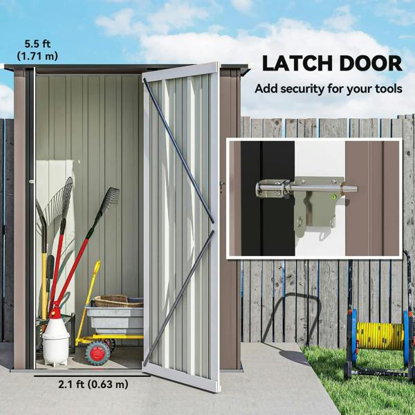 Brown metal storage shed with front latch door and interior space for equipment