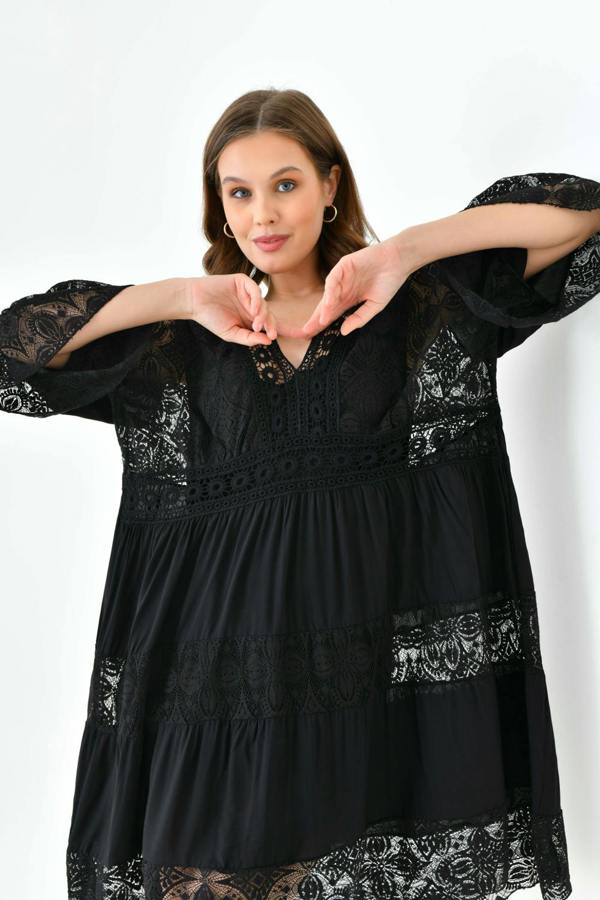 Hoxton Gal Oversized 3/4 Sleeves Lace Detailed V Neck Mini Dress in Black