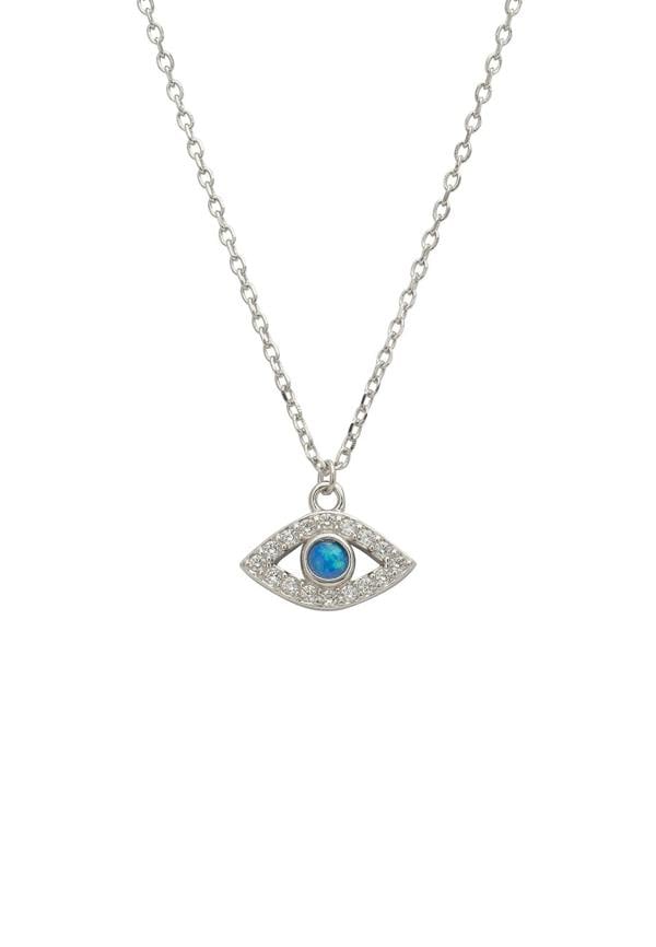 Silver necklace with an eye-shaped pendant on a white background