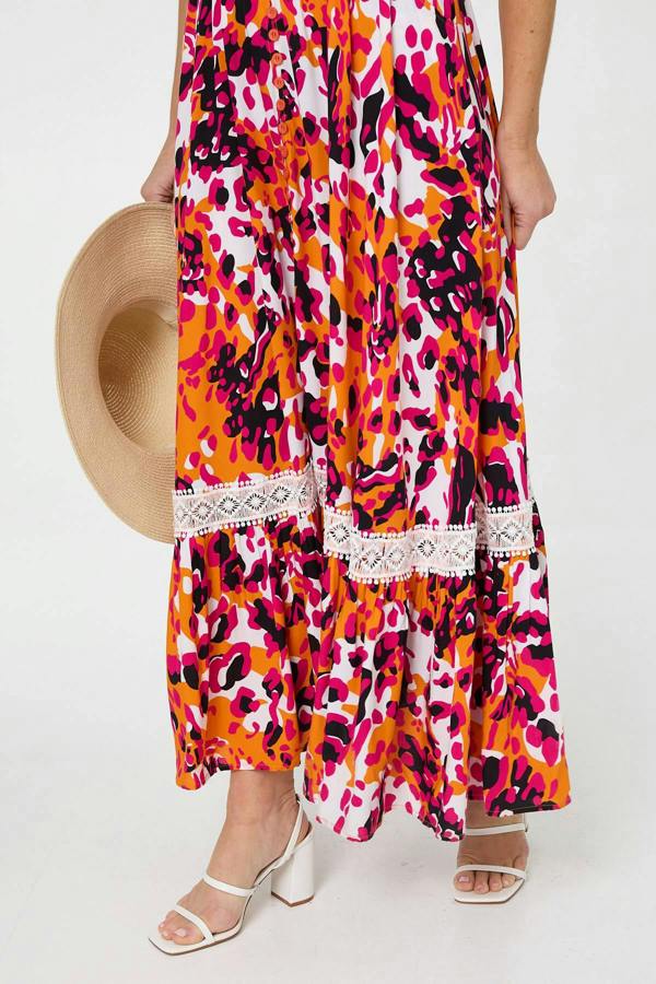 Orange | Animal Print Lace Trim V-Neck Maxi Dress