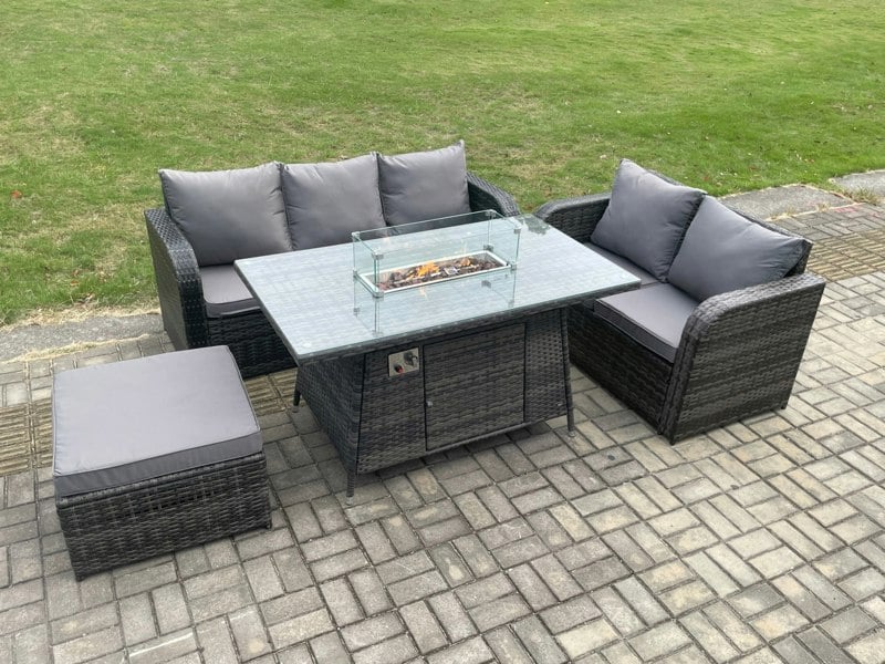 Fimous PE Wicker Outdoor Rattan Garden Furniture Set Propane Gas Fire Pit Table and Sofa set with Big Footstool