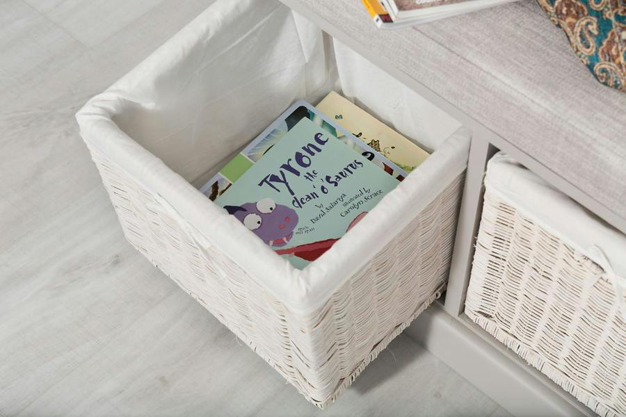 Statement Furniture Tetbury Bench with 3 White Wicker Baskets and Cushion, Assembled Hallway Storage