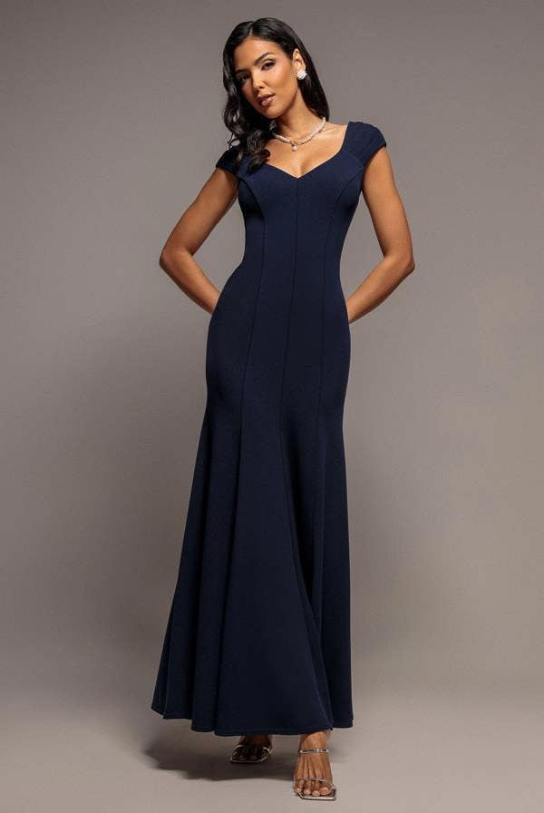 Capped Sleeve V Neck Pleated Fit & Flare Maxi Dress - Navy Blue DR5117