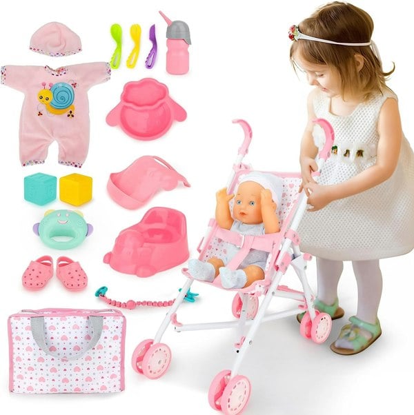 deAO Toys My First Baby Doll Play Set with Stroller Baby Doll Pushchair with Accessories