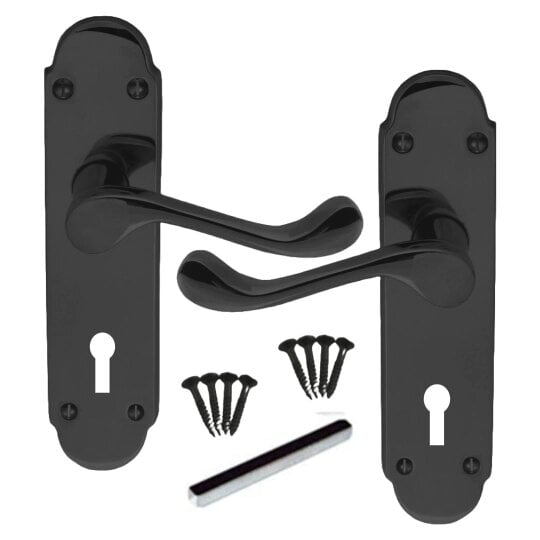 EDH Door Hardware Black Nickel Epsom Victorian Scroll on Shaped Back Plate Lock Door Handle 1 Pair