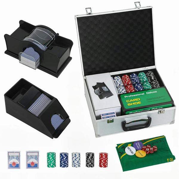 Poker set case open with card shuffler, card shoe, poker chips, playing cards, green mat