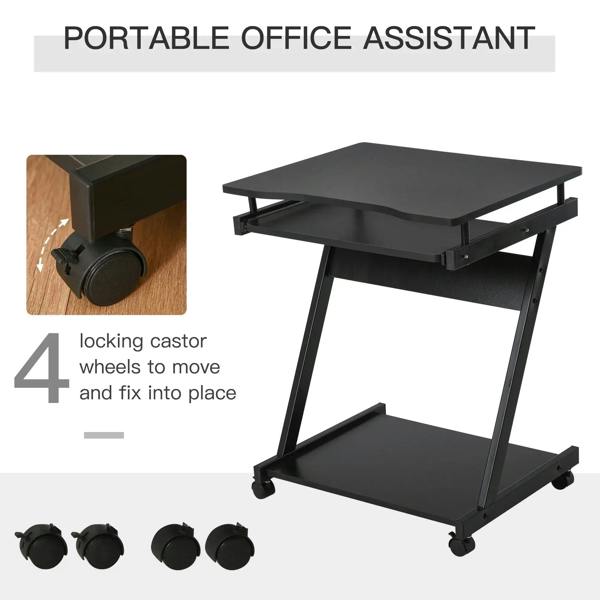 Black portable office assistant desk with locking caster wheels and sliding keyboard tray