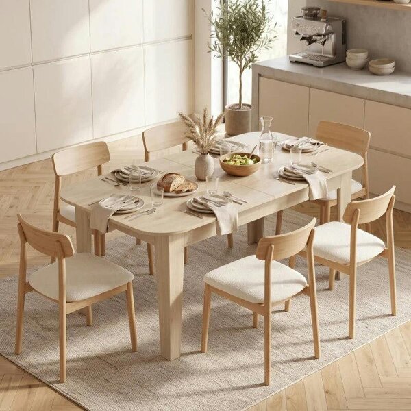 Extendable Oval Dining Table for 4-6, Modern Expandable Kitchen Table, Round Edges, Oak