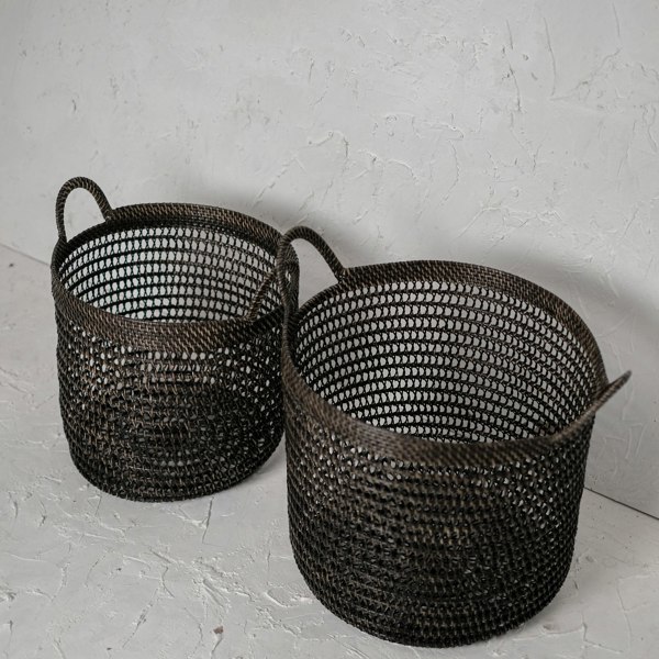 Handwoven rattan laundry basket natural spiral pattern blanket storage