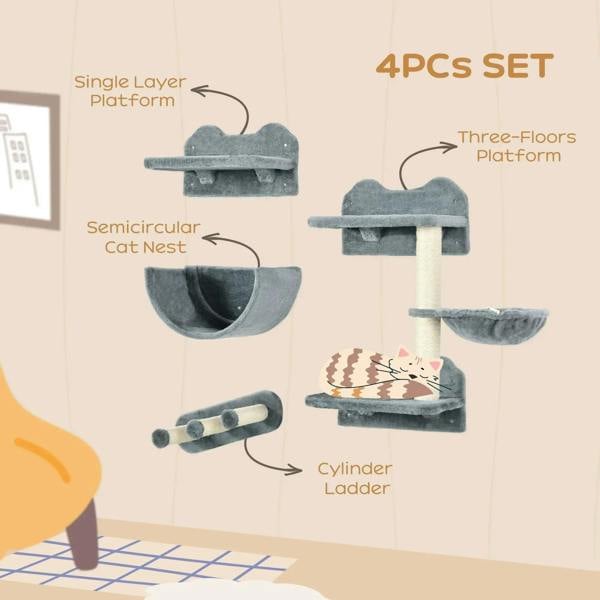 Grey 4-piece wall-mounted cat tree set with three-level platforms and ladder