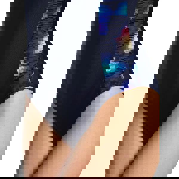 Navy Zoggs Zephyr Multiway Swimsuit with iridescent pink to purple green panels