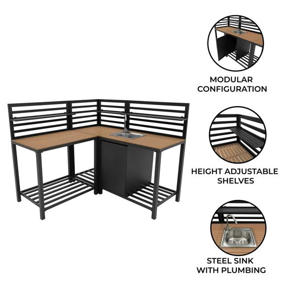 Aluminium and wood outdoor kitchen set featuring modular design, height-adjustable shelves, and a steel sink with plumbing