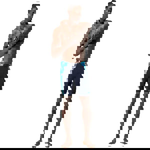 Navy blue Endurance+ Max Splice Swim Jammer with teal camo and black side panel