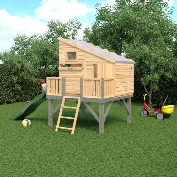 Shire Command post on platform with Slide 6x4 Childrens Playhouse with 12mm Shiplap interlocking cladding