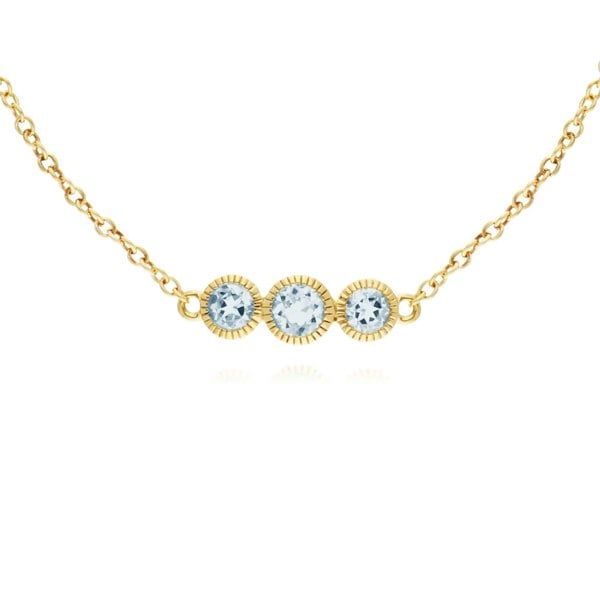 135L0289099 Classic Round Aquamarine Three Stone Milgrain Bracelet in 9ct Yellow Gold 1