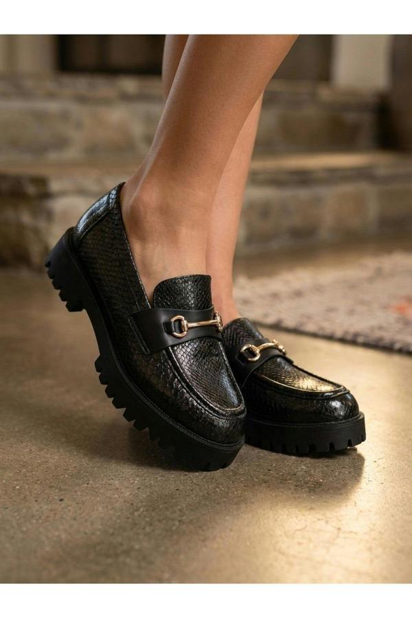 Poppy Snakeskin Chunky Loafers - Black