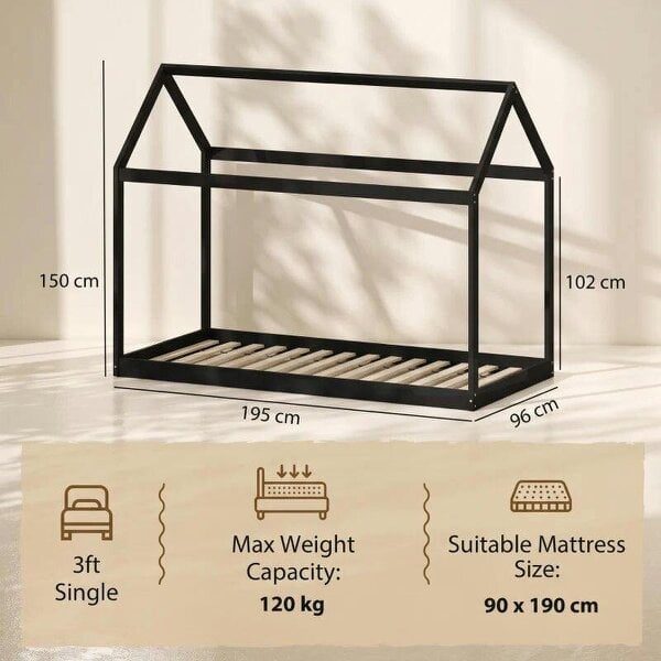 Single Bed Frame, House-Scandinavian-Style Wooden Bed Frame for 90W x 190D cm Mattress, Black