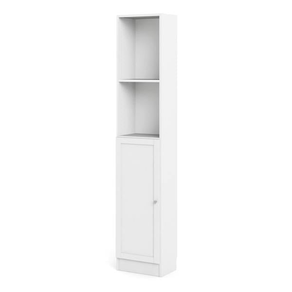Furniture To Go Basic Tall Narrow Combination Storage Bookcase in White (4 Shelves) with Glass White Door