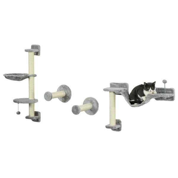 Wall-mounted grey cat tree with hammock, perches, and scratching posts