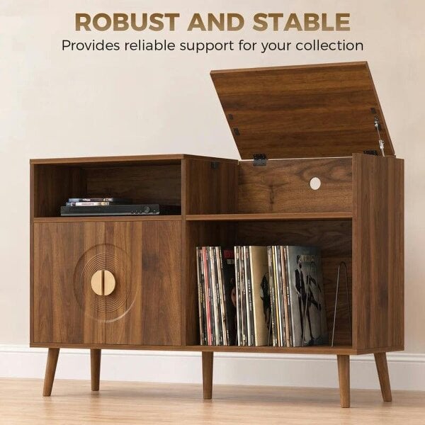 Bobobiy Record Player Stand, Vinyl Record Holder with Storage Holds Up to 300 Albums with Flip-Top Compartment, Walnut