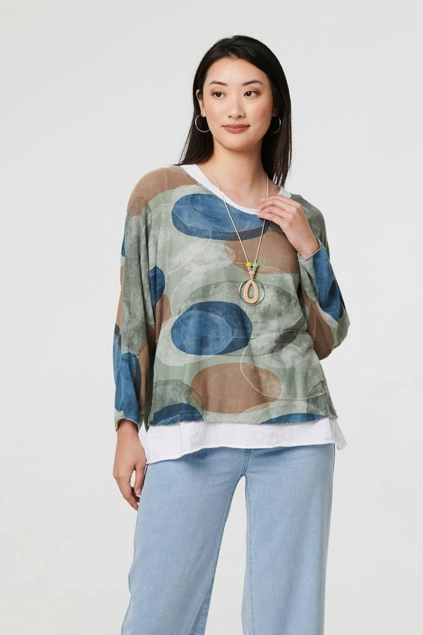 Sage | Polka Dot Long Sleeve Top with Necklace