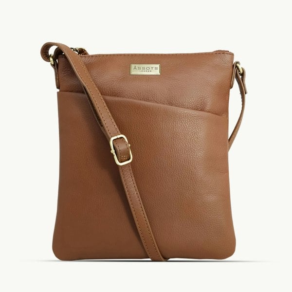 Assots London 'LINBY' Dark Tan Pebble Grain Leather Crossbody Sling Bag